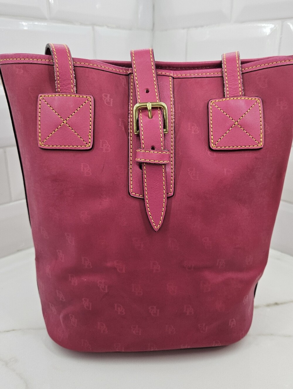 VTG Dooney Bourke Fuchsia Barbie Hot Pink Signature Coated Little Bucket Bag 90s